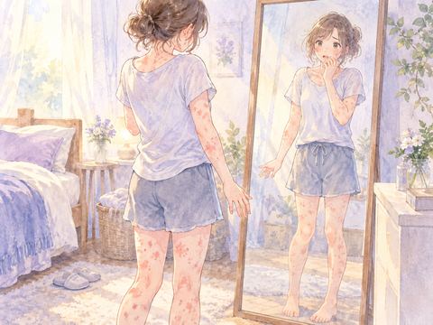 腕や足など全身に赤い蕁麻疹が出て鏡の前で戸惑う女性