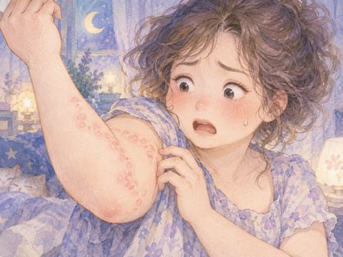 腕から肩へ広がる赤い蕁麻疹を見て焦る女性