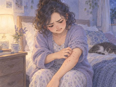 腕の赤い蕁麻疹をかきながら困った表情を浮かべる女性