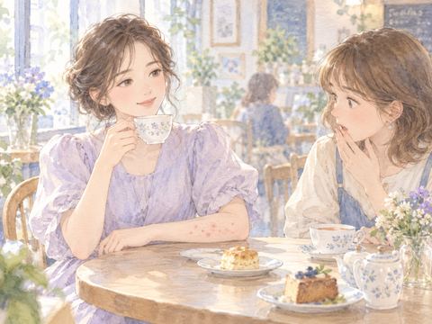 腕に赤い蕁麻疹があっても穏やかにお茶を飲む女性
