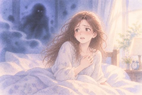 怖い夢から目覚め胸元に手を置く女性