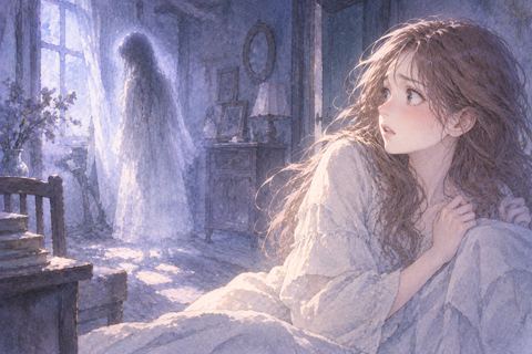 淡い幽霊の気配を見つめる大人の女性