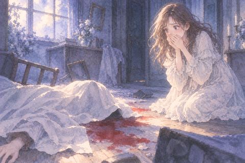 赤い染みと横たわる人影に戸惑う女性