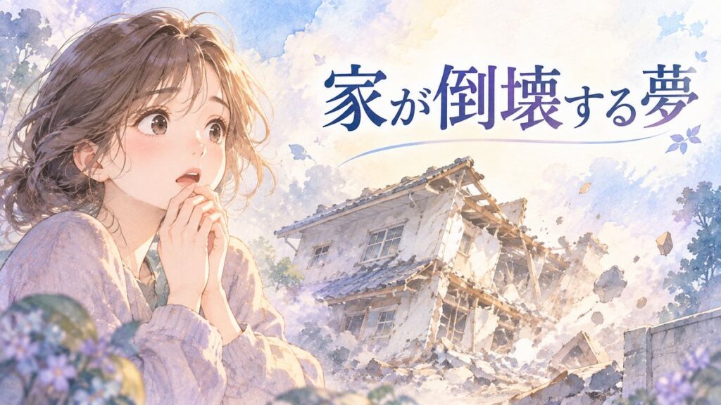 崩れた家を不安そうに見つめる大人の女性