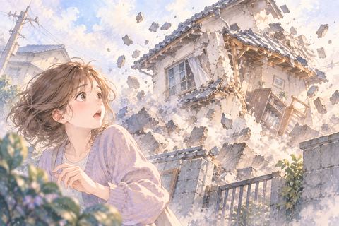 地震で揺れて崩れ始める家を見る大人の女性