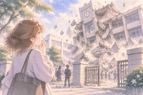 学校や職場の建物が崩れる様子を見る大人の女性
