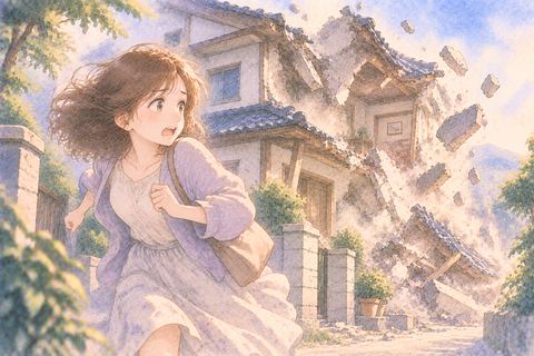 崩れる家から外へ逃げる大人の女性