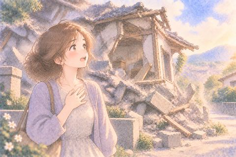 倒壊した家の外で安堵する大人の女性