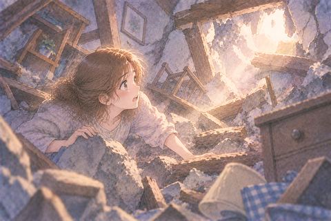 崩れた家の中で出口を探す大人の女性