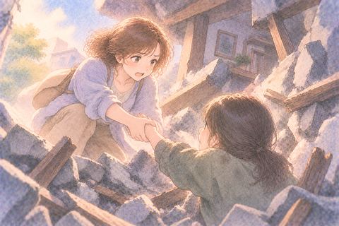 倒壊した家から人を助け出す大人の女性