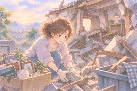 倒壊した家の瓦礫を片付ける大人の女性