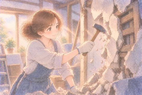 自分の手で家の一部を壊す大人の女性