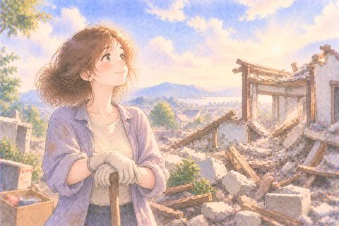 壊した家を見て晴れやかな表情をする大人の女性