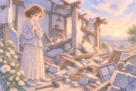 壊した家を前に後悔する大人の女性