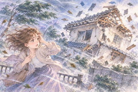 強風にあおられて崩れ始める家と大人の女性