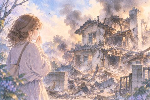 火が収まったあと崩れる家を見つめる大人の女性