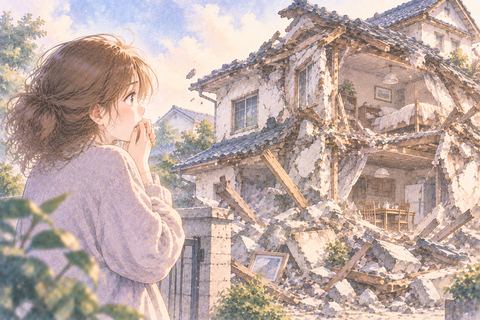 自宅が崩れる様子を見て悲しむ大人の女性