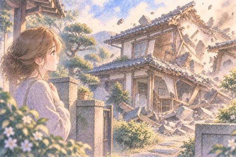 懐かしい実家が崩れる様子を見る大人の女性