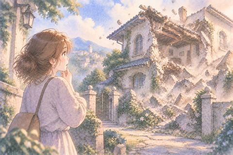 見知らぬ家が崩れる様子を見つめる大人の女性