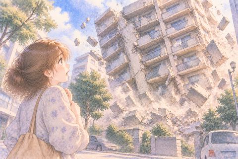 倒壊する集合住宅を見上げる大人の女性