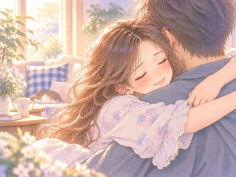 大切な人に自分から抱きつき安心して目を閉じる女性