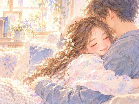 恋人の胸に自分から抱きつき安心した表情の女性