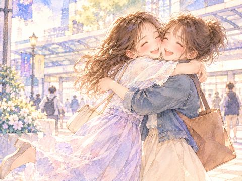 久しぶりに会った女友達に笑顔で抱きつく女性