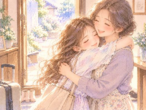 自宅の玄関で母親に抱きつく大人の女性