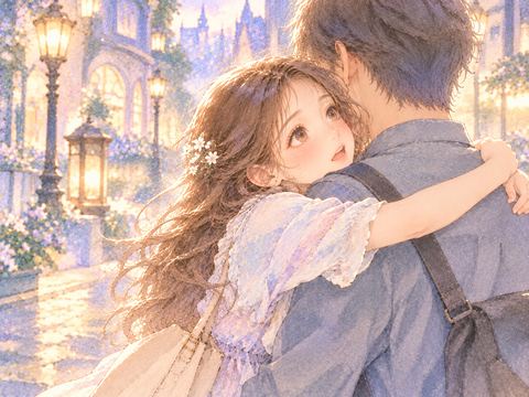 見知らぬ人に抱きつき不思議そうな表情を浮かべる女性