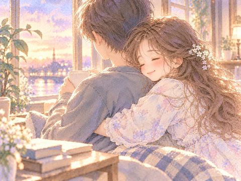 恋人の背中にそっと腕を回して抱きつく女性