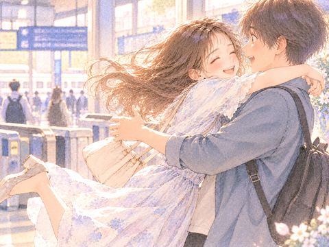 再会した相手に笑顔で駆け寄り勢いよく抱きつく女性