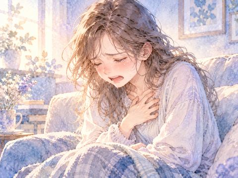 涙を流しながら胸元を押さえ息苦しそうにする女性
