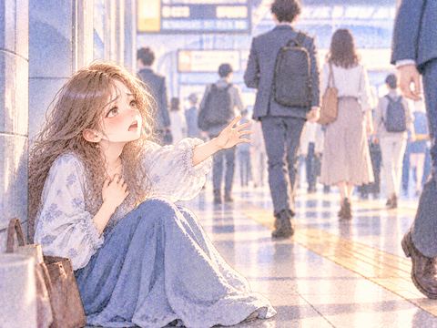 人通りのある通路で息苦しそうに座り助けを求める女性