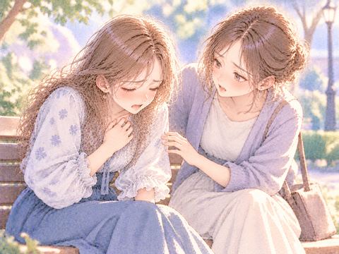 公園のベンチで息苦しそうな友達を心配する女性