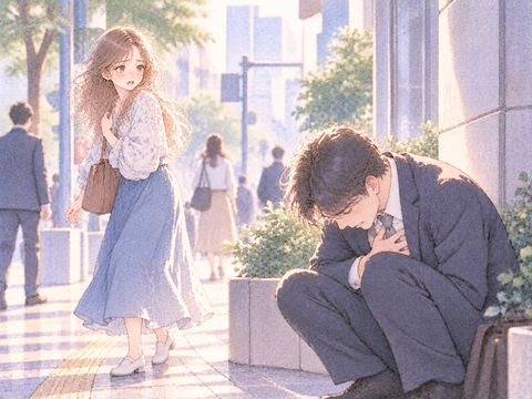 街角で息苦しそうにうずくまる見知らぬ人を心配する女性