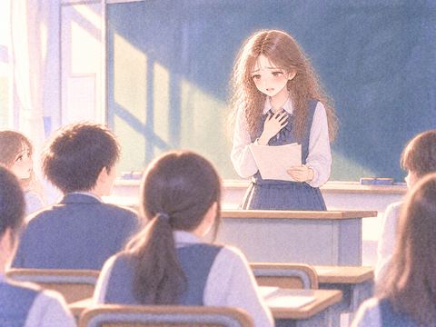 教室の黒板前で発表中に息苦しくなる女子学生