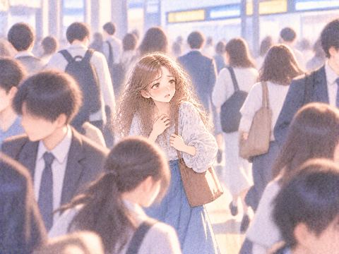 混雑した駅の人波の中で息苦しそうに立ち止まる女性