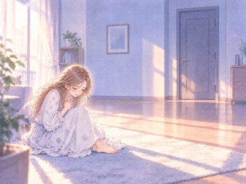 誰もいない部屋の床で息苦しそうに座る女性