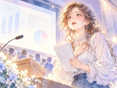 発表直前に胸元を押さえ緊張する女性