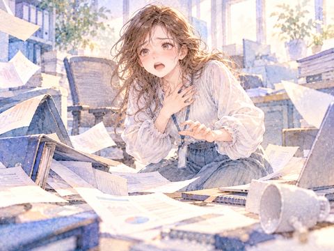 散らばる書類の前で混乱し息苦しそうな女性