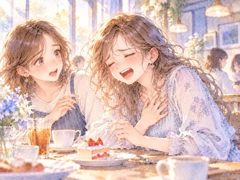 友達との会話で笑いすぎて息を整えようとする女性