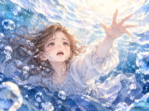 水面へ向かって手を伸ばす息苦しそうな女性