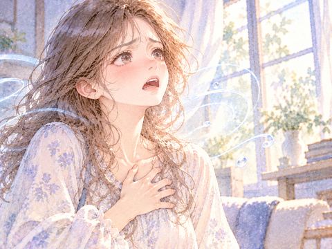 息を吸おうとして胸元を押さえる女性