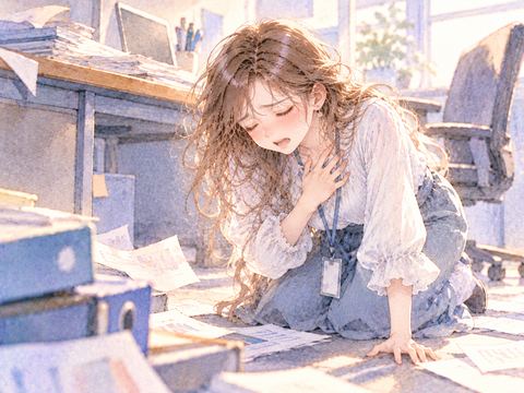 息が乱れて床に膝をつき倒れかける女性