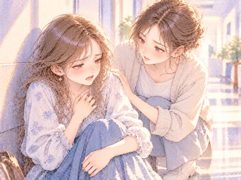 息苦しそうに座る女性に友人が寄り添い背中を支える場面