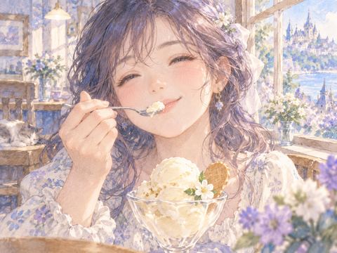 アイスをひと口食べて幸せそうに微笑む女性