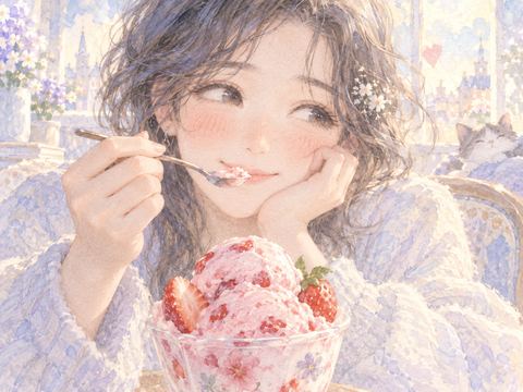 ピンク色のいちごアイスを食べて照れたように微笑む女性