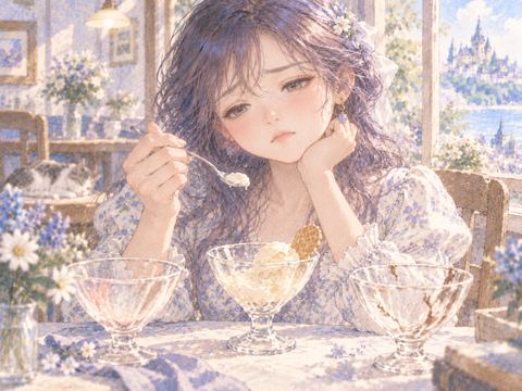 食べかけのアイスと空のカップを前に物足りなそうな女性