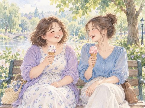 公園のベンチで友人と笑いながらアイスを食べる女性