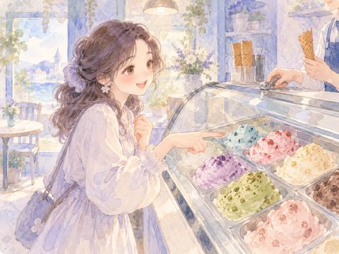 アイス売り場で好きな味を選んで購入する女性